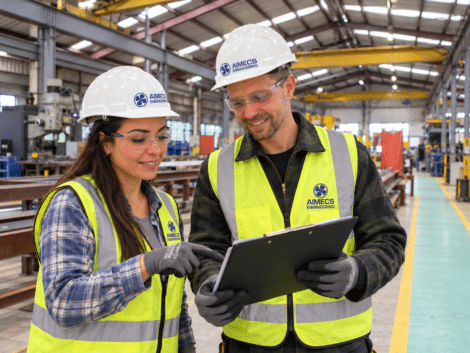 AIMECS Engineering team reviewing workplace safety documentation in an engineering workshop.
